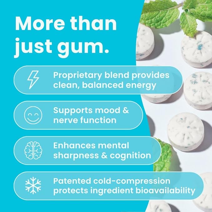 NeuroGum Goma de Mascar Nootropic Energy | Cafeína + L-teanina + Vitaminas B | Sin azúcar + Sin gluten + Sin OMG + Vegana