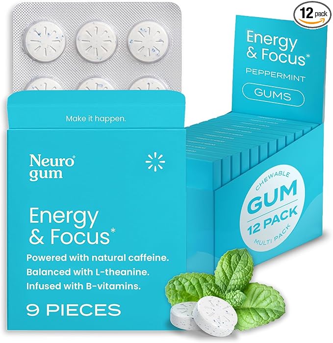 NeuroGum Goma de Mascar Nootropic Energy | Cafeína + L-teanina + Vitaminas B | Sin azúcar + Sin gluten + Sin OMG + Vegana