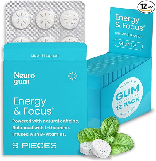 NeuroGum Goma de Mascar Nootropic Energy | Cafeína + L-teanina + Vitaminas B | Sin azúcar + Sin gluten + Sin OMG + Vegana